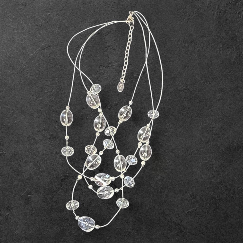 Cg Silver Tone Glass & Crystal Bead Multi strand Necklace‎ 18"-21"
